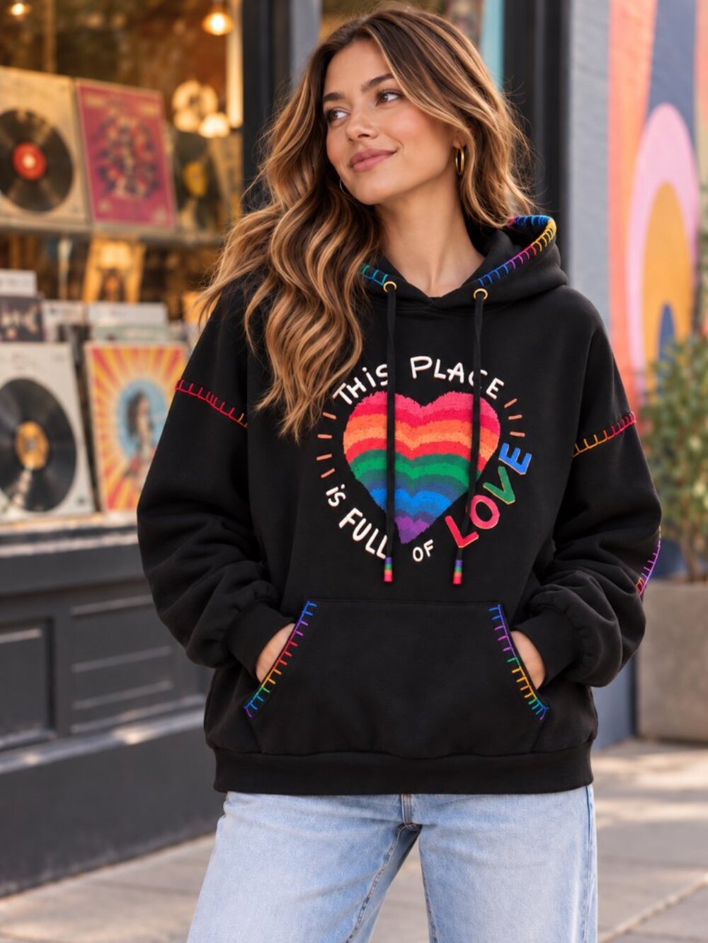 FARM Rio Rainbow Heart Graphic Hoodie Womens Size XS Black Colorful Streetwear
